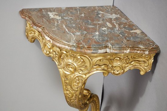 Louis XV Style Corner Console In Golden Wood And Breccia Marble Top, 19th