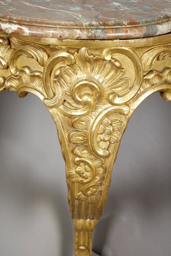 Louis XV Style Corner Console In Golden Wood And Breccia Marble Top, 19th