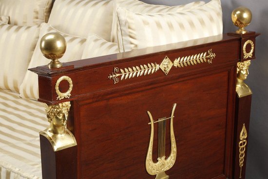 Empire Period Mahogany Sofa Bed Decorated With Lyre And Bust Of Mercury, 19th