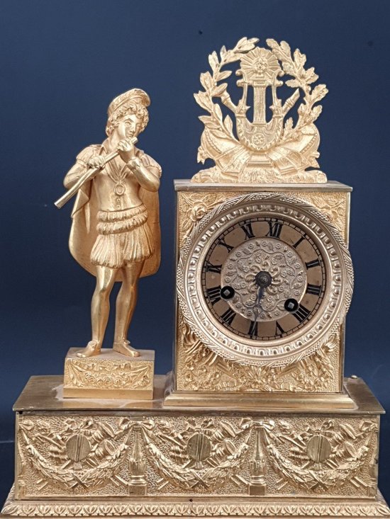 Empire Clock In Gilded Bronze, Height 27 Cm