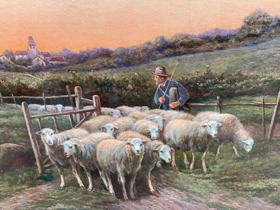 OIL ON CANVAS, FRENCH SCHOOL OF THE XIXth century, representing A TROUPLE OF SHEEP AND ITS SHEPHERD, signed V. VEZIEN