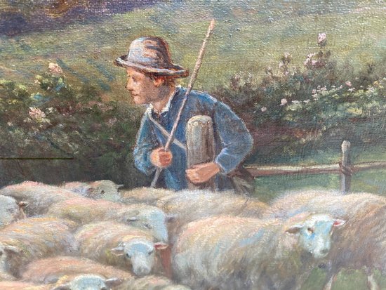 OIL ON CANVAS, FRENCH SCHOOL OF THE XIXth century, representing A TROUPLE OF SHEEP AND ITS SHEPHERD, signed V. VEZIEN