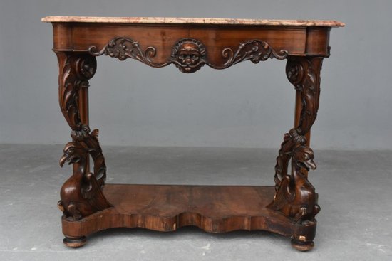 Superb Napoleon III Mahogany Console Mahogany Veneer Richly Carved Nineteenth