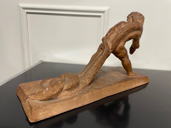 Sylvestre Clerc - Enfant Tirant Un Serpent Sculpture Terre Cuite Susse Frères