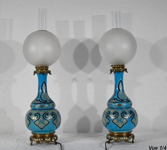 Pair of Porcelain and Bronze Lamps, Napoleon III - Mid 19th century