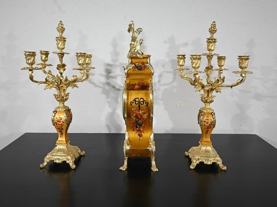 Important Gilded Bronze and Martin Varnish Mantel Set, Louis XV style - Mid 19th century