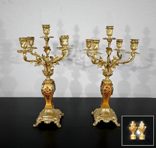 Important Gilded Bronze and Martin Varnish Mantel Set, Louis XV style - Mid 19th century