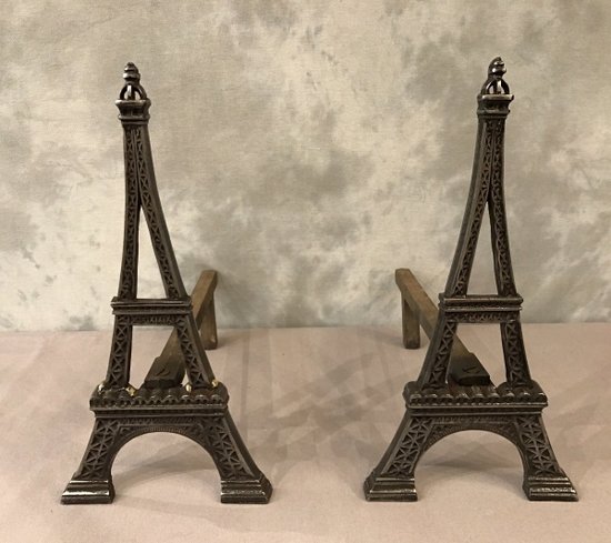 Old Andirons In Polished Cast Iron Representing The Eiffel Tower Around 1900