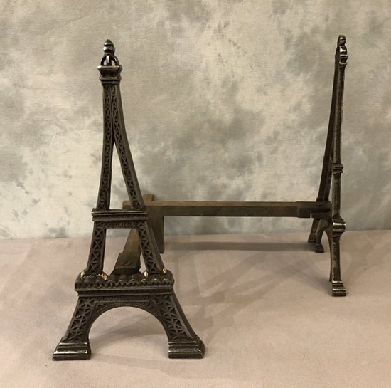 Old Andirons In Polished Cast Iron Representing The Eiffel Tower Around 1900