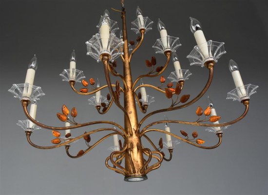 Lampadario Grande 16 Luci Stile 1940 Metallo Dorato E Pasta Vitrea