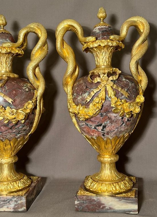 Pair Of Vases In Purple Marble And Gilt Bronze Louis XVI Style From The 19th Century