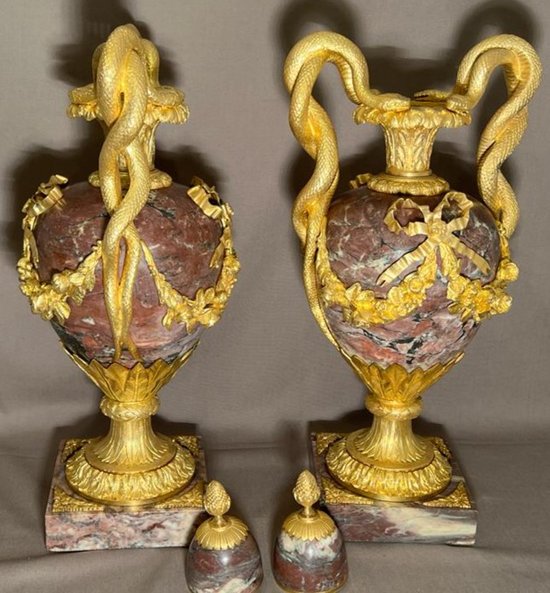 Pair Of Vases In Purple Marble And Gilt Bronze Louis XVI Style From The 19th Century