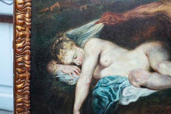 Oil on canvas after WATTEAU, "Nymph and satyr" called "Jupiter and Antiope"