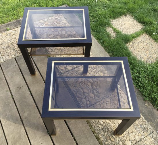 Pair of blackened wood and brass end tables circa 70