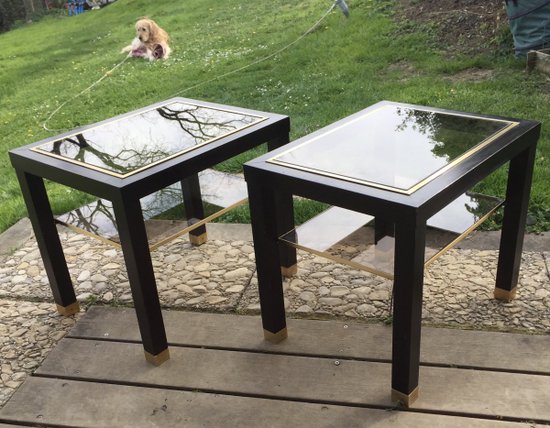 Pair of blackened wood and brass end tables circa 70