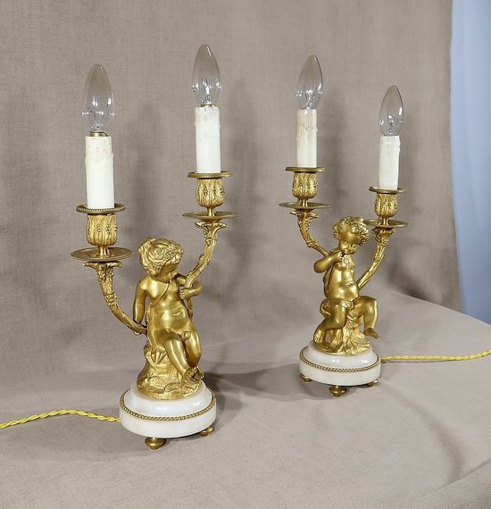 Pair of Candlesticks in Gilt Bronze, Louis XVI style - 19th century