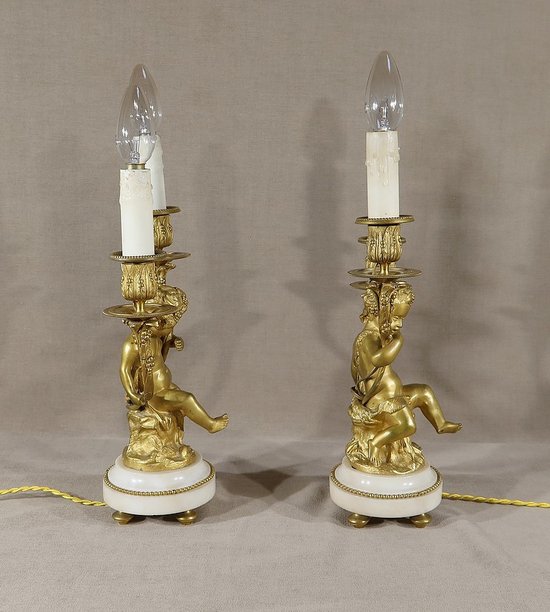 Pair of Candlesticks in Gilt Bronze, Louis XVI style - 19th century