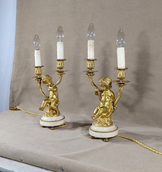 Pair of Candlesticks in Gilt Bronze, Louis XVI style - 19th century