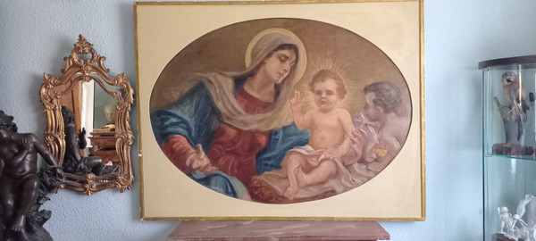 Large decorative painting Virgin and Child / Giuseppe Mazzei XIXth