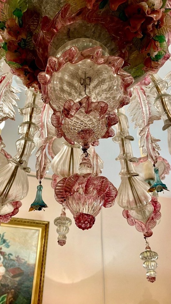 Lustre Murano « rezzonico » à Dominante Bleu Et Rose, XXe Siècle.