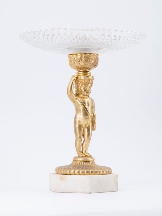 Bronze And Crystal Cup On White Marble Base, 19th Century