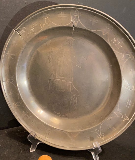 18th century pewter dish representing Saint Barbara