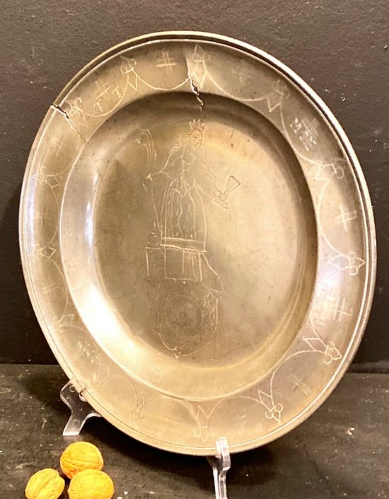 18th century pewter dish representing Saint Barbara