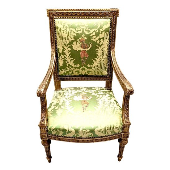 Armchair In Golden Wood XIX Louis XVI Style Reupholstered With A Fabric From Chez Rubelli