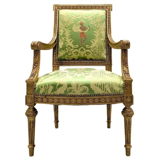 Armchair In Golden Wood XIX Louis XVI Style Reupholstered With A Fabric From Chez Rubelli