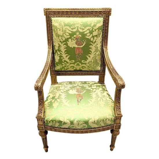 Armchair In Golden Wood XIX Louis XVI Style Reupholstered With A Fabric From Chez Rubelli