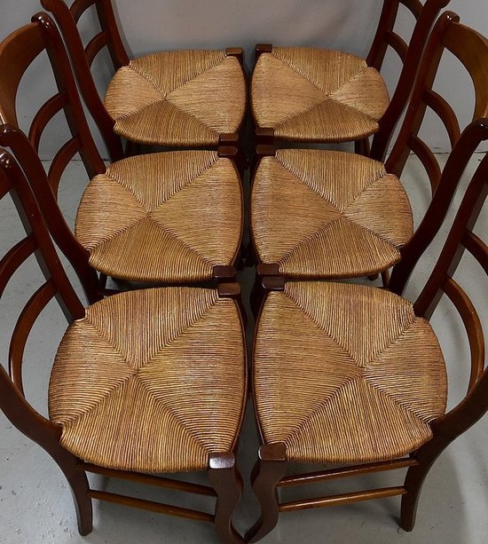 Suite Of 6 Straw Chairs In Cherry - XXth