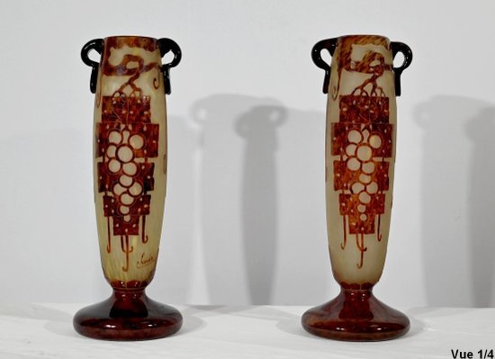 Pair of “French Glass” Vases, signed Charder, Art Deco - 1927