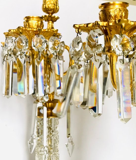 Pair of candelabra candlesticks in gilded bronze and crystal 19th