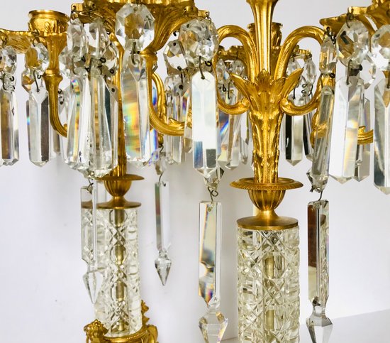 Pair of candelabra candlesticks in gilded bronze and crystal 19th