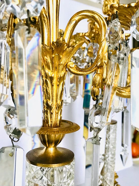 Pair of candelabra candlesticks in gilded bronze and crystal 19th