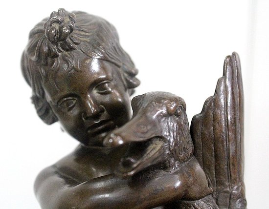 Bronze of a Cherub holding a Goose, by A. Collas – 19th century