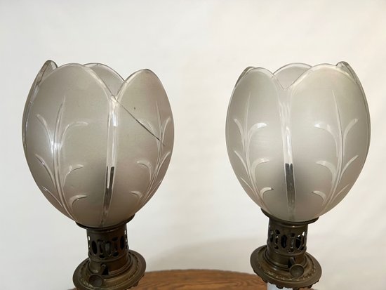 Pair of large 19th century white oil lamps