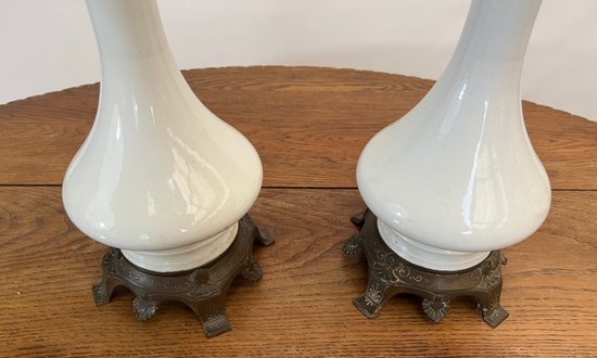 Pair of large 19th century white oil lamps