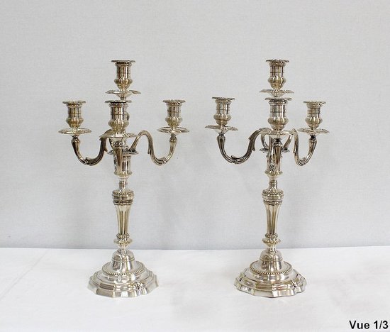 Pair of candelabras in silvered bronze, Louis XVI style - Late 19th century