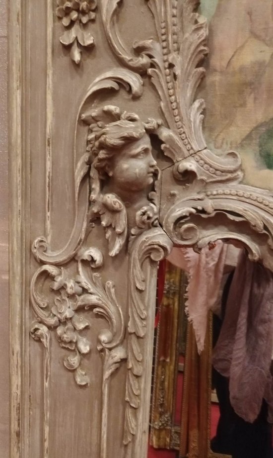 Trumeau XVIIIème, Louis XV, Chêne Sculpté aux Anges Ailés Et Toile Aux Chérubins 118 X 178 Cm