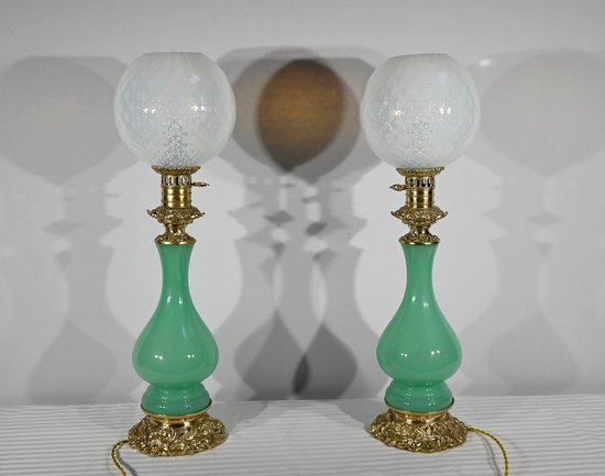 Pair of Opaline and Bronze Lamps - End of XIXth century