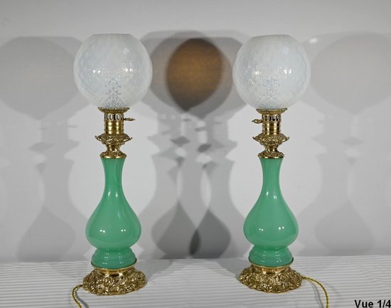 Pair of Opaline and Bronze Lamps - End of XIXth century