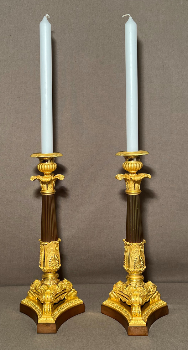 Pair Of Empire Candlesticks / Torches Early 19th Century In Patinated Bronze And Gilt Bronze