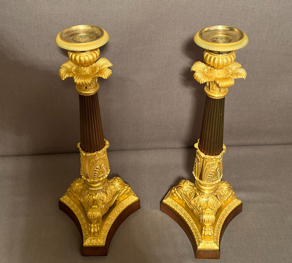 Pair Of Empire Candlesticks / Torches Early 19th Century In Patinated Bronze And Gilt Bronze