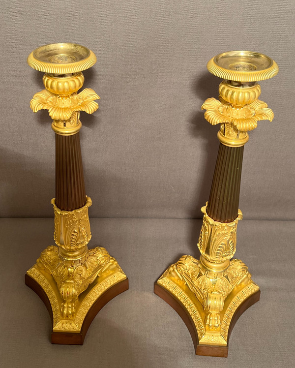 Pair Of Empire Candlesticks / Torches Early 19th Century In Patinated Bronze And Gilt Bronze