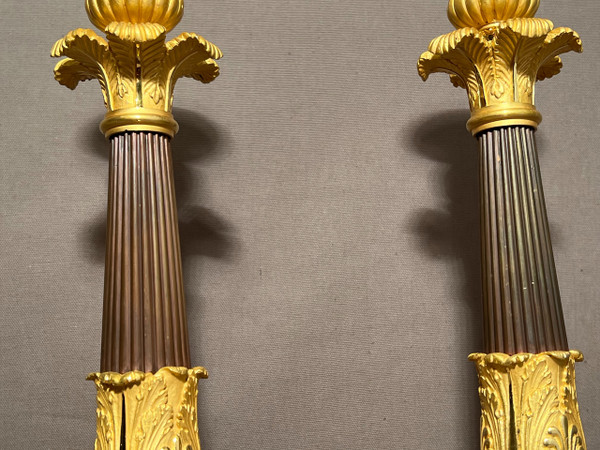 Pair Of Empire Candlesticks / Torches Early 19th Century In Patinated Bronze And Gilt Bronze