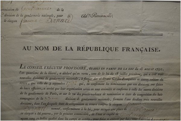  Révolution Française, Document du Conseil Exécutif Provisoire de Paris et daté du 9 janvier 1793 portant sur la nomination en tant que Gendarme du citoyen Bernard par le Colonel Louvel 