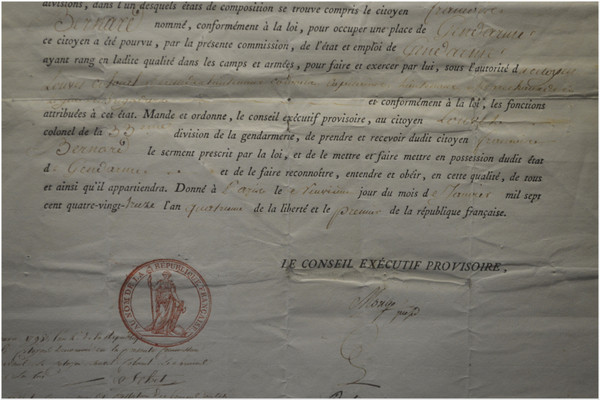  Révolution Française, Document du Conseil Exécutif Provisoire de Paris et daté du 9 janvier 1793 portant sur la nomination en tant que Gendarme du citoyen Bernard par le Colonel Louvel 