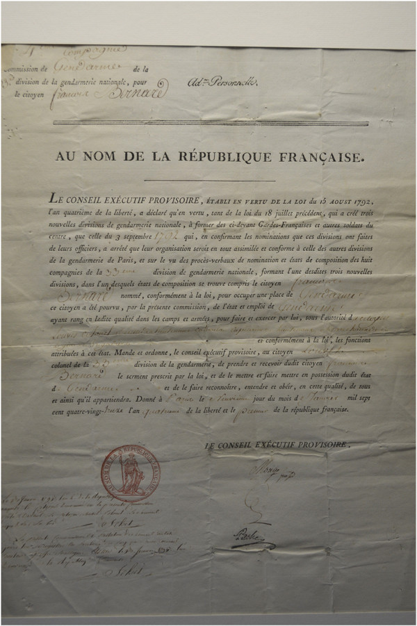  Révolution Française, Document du Conseil Exécutif Provisoire de Paris et daté du 9 janvier 1793 portant sur la nomination en tant que Gendarme du citoyen Bernard par le Colonel Louvel 