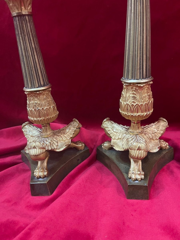 Pair Of Candlesticks Gilded Bronze Restoration Period XIX Eme